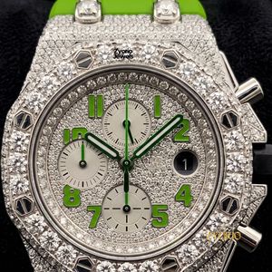 Luxury ETA Iced Moissanite <b>Chronograph</b> Watch Full Stone Set Bezel Green Stainless Steel Strap Silver Tone Dial <b>Automatic</b> - Product Image 2