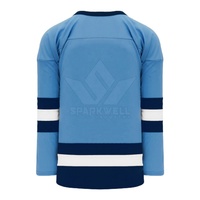 Maillot de hockey sur glace personnalisé pour homme, bleu clair, col en V, manches longues, rayé, en polyester respirant, uniforme d'équipe adulte