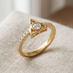 Bague de fiançailles pour femme en or jaune 14 carats, sertie d'un diamant rond taille brillant, monture semi-encadrée, bande géométrique, cadeau de mariage - Product Image 3