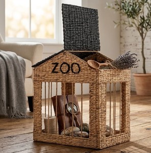 Handwoven Water Hyacinth Zoo House Toy Storage <b>Basket</b> <b>with</b> <b>Lid</b>, Kids Animal Toy Organizer Bin, Natural Woven Playroom Storage - Product Image 5
