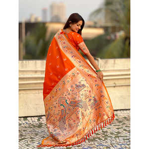 Orange Chandrakor Paithani <b>Silk</b> Banarasi Zari Woven Saree Elegant Ethnic <b>Scarf</b> & Shawl - Product Image 4