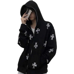 <b>Men's</b> Gothic Hooded Zipper Sweatshirt Oversized Black Glitter Cross Print Regular Sleeve Knitted Autumn Wear - Product Image 1