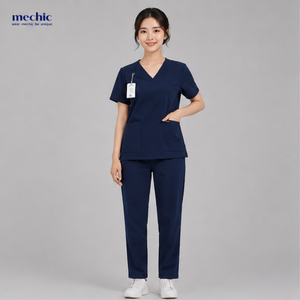 Conjunto de Uniforme Médico para Mujer, Cuello en V, Azul Marino, Algodón y Poliéster, Uniformes de Hospital - Product Image 1