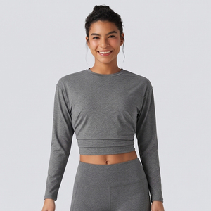 T-shirt de yoga à col rond pour femme, crop top d'entraînement, tee-shirt court de sport pour femme - Product Image 1