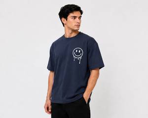 Camiseta de Manga Corta Azul Marino para Hombre, con Estampado de Sonrisa Blanca en la Parte Delantera, Corte Holgado, Informal, Ecológica, Transpirable, de Algodón Jersey - Product Image 3