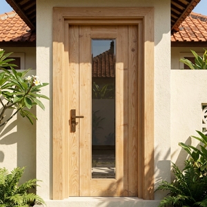 Porte intérieure en bois de pin massif avec panneau central en verre, design minimaliste, surface finie, ouverture latérale, coupe-vent, usage hôtelier - Product Image 2