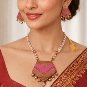 Premium Quality Assamese Gamusa Pink Muga Silk Necklace <b>Set</b> with Crystal <b>Beads</b> Earrings Ethnic Traditional Available For Sale - Product Image 2