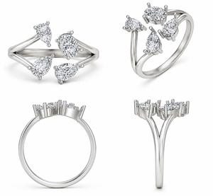 Anillo de Compromiso y Boda de Plata 925 con Cuatro Piedras de Diamante Corte Pera y Baño de Rodio para Mujer, Elegancia y Lujo - Product Image 6