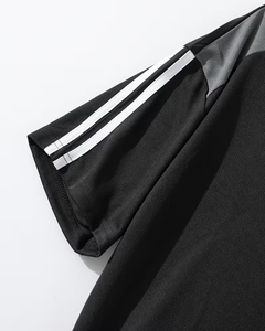 Men Solid Black Summer Breathable Crew Neck T-Shirt Set Knitted Short Sleeve Casual Shorts <b>White</b> Stripe Trim Polyester/Cotton - Product Image 4