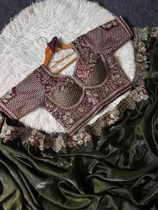 Conjunto de Saree de Satén Bordado de Diseño para Mujer con Patrón de Elefantes y Blusa de Moda Cosida - Product Image 5