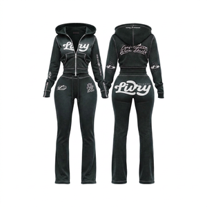 Conjunto Deportivo de Mujer con Capucha, Sudadera con Cierre y Mangas Largas, Pantalones de Poliéster Tejido con Estampado de Letras Azules, Ropa de Otoño - Product Image 3
