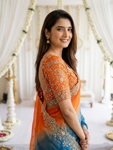 Sari de Seda Bordado en Azul y Naranja de AARA Fashion para Mujer, Estilo Tradicional Indio/Pakistaní para Bodas, Largo hasta el Suelo, Corte Regular - Product Image 5