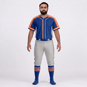 Ensemble uniforme de baseball pour hommes, maillot rayé bleu et orange, pantalon, manches courtes, fermeture à boutons, tissu en maille respirant - Product Image 1