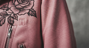 Pink Cow Skin Motorcycle Jacket <b>Women</b> Biker <b>Coat</b> Asymmetric Zipper <b>Belted</b> Waist Floral Embroidery Winter Outerwear Custom Front - Product Image 4