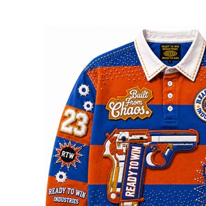 READY TO WIN INDUSTRIES Men's Long Sleeve Embroidered Polo <b>Shirt</b> Street Style <b>Patchwork</b> Design Blue Orange Contrast Trim - Product Image 5