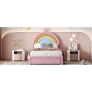 Letto a piattaforma matrimoniale in velluto arcobaleno per bambini, imbottito con cassetto contenitore, design colorato, non richiede rete a molle - Product Image 6