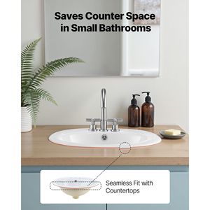 Lavabo Ovalado de Cerámica Blanca Moderno de 19.09 x 16.73 Pulgadas, Semiempotrado, con Orificio de Desagüe y 3 Orificios para Grifo, para Baños Pequeños - Product Image 2
