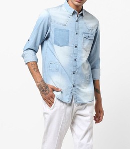 Chemise en jean bleu clair pour homme, manches longues, effet délavé, coton, coupe décontractée, col rabattu, avec poches, style été - Product Image 5