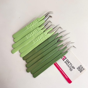 Pince à épiler professionnelle pour extensions de cils, haute précision, en acier inoxydable, vert menthe olive, avec grip diamant 3D anti-magnétique - Product Image 6