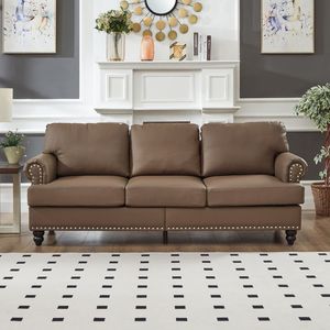 Divano Moderno Classico in Pelle da 83 Pollici per Soggiorno, Imbottito con Borchie e Similpelle Marrone - Product Image 2