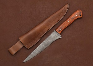 Cuchillo de filetear dentado de acero de Damasco con mango de madera y funda de cuero, hoja de punta caída de 11 pulgadas, fabricado a medida OEM - Product Image 4
