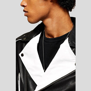 Blouson de motard personnalisé pour homme en cuir véritable noir avec revers contrastants blancs, manteau de moto coupe ajustée en peau de mouton souple bicolore - Product Image 3