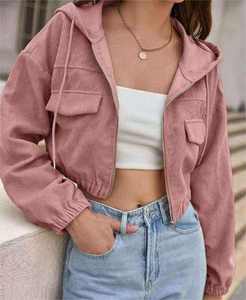 New Trend Women's Winter Hooded <b>Zip</b>-<b>Up</b> <b>Jacket</b> Casual Drawstring Pocket Breathable Short Crop Design Woven Solid Pattern Autumn - Product Image 4