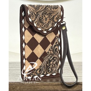 OEM Luxury Wholesale Hand Tooled Genuine Cowhide Leather Mobile Bag with <b>Wristlet</b> Factory Price Fashionable Mini Bag for Unisex - Product Image 1