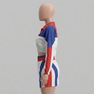 Ensemble de survêtement sportif color-block pour femme, haut court zippé à manches longues avec jupe assortie, coupe classique, idéal printemps-été - Product Image 3