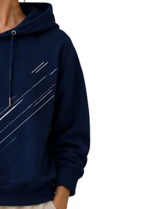 เสื้อฮู้ดโอเวอร์ไซส์สีน้ำเงินกรมท่าสำหรับผู้หญิง พิมพ์ลายกราฟิกเรขาคณิต ผ้าฝ้ายฟลีซ แขนยาว สไตล์ลำลอง สตรีทแวร์ - Product Image 4