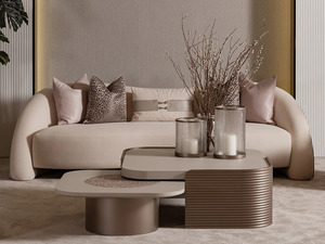 Luxury Solid Teak Wood Living Room Furniture <b>Set</b> Modern Cream Boucle Curved <b>Sofa</b> 3 1 Seater Coffee Table Villa Hotel - Product Image 2