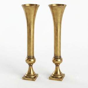 Set Of 2 <b>Gold</b> Metal Trumpet <b>Vase</b> Handmade Conical Shape Fluted Base for Wedding Anniversary Flower Arrangements Vas - Product Image 1
