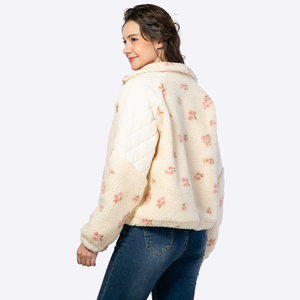 Women's Floral Print <b>Quilted</b> Fleece <b>Jacket</b> Zip Up Stand Collar Winter Coat Short Length Full Sleeve Thick Warm - Product Image 2
