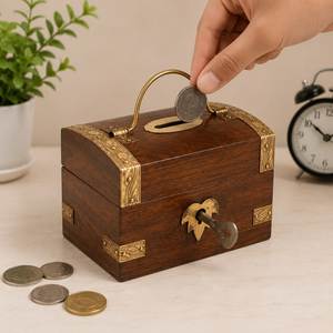 Wooden Money Box With Brass Accents And Key Lock Square Coin Saving Box For Kids And Adults Home Decor Item - Product Image 1