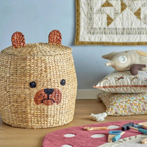 Adorable Bear Face Rattan Storage <b>Basket</b> <b>with</b> <b>Lid</b> Round Natural Plant Fiber Children's Storage Bin Durable Design - Product Image 3