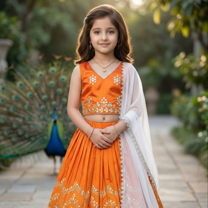 Shoryam Fashion - Lehenga Choli Naranja para Niñas, con Trabajo de Espejos, Tafetán de Seda, Largo hasta el Suelo, Ropa Étnica Tradicional India para Fiestas - Product Image 1