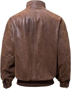 Blouson aviateur en cuir véritable marron pour homme, fermeture éclair, col roulé, vêtement décontracté pour l'automne - Product Image 5