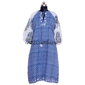 Handmade Women's Eco-Friendly Breathable Washable Button Floral Block Print Cotton <b>Long</b> Sleeve Bodycon Formal <b>Dress</b> Elegant Deep - Product Image 1