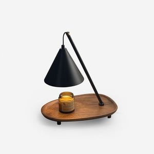 Lampe chauffe-bougie design en métal avec base en bois, lumière à intensité variable et abat-jour en verre élégant pour les intérieurs modernes - Product Image 3