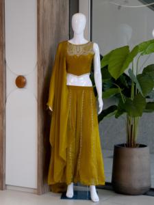 Ensemble Choli Lehenga brodé jaune avec travail de sequins, longueur cheville, robe de soirée et de mariage pour femme - Product Image 6
