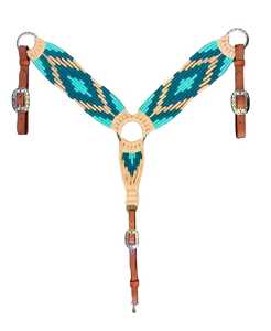 Bretelles de poitrine personnalisées pour cheval de style western, motif Navajo perlé, finition en laine et cuir, couleurs Teal et Tan, tailles Full/Cob, fabriquées à Uttar - Product Image 1