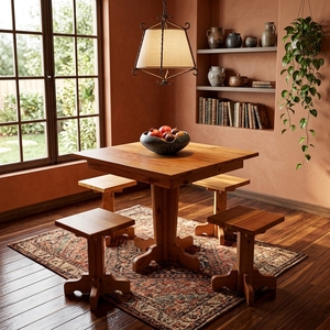 Table à manger carrée rustique en bois massif avec 4 tabourets, base sur piétement, artisanale, pour cuisine, coin petit-déjeuner ou salle à manger - Product Image 4