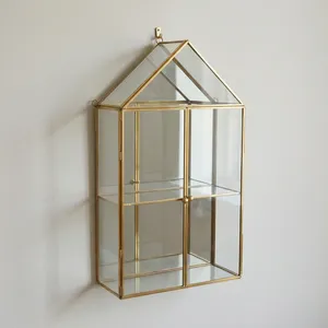 Artisan Design Modern Brass/Glass/Mirror Hut Shape <b>Wall</b> <b>Mounted</b> Double Tier Storage Cabinet with Decorative <b>Shelf</b> - Product Image 2