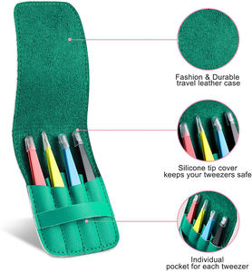 Ensemble de 4 pinces à épiler pour manucure, pinces à épiler pour sourcils en acier inoxydable recouvertes de papier, avec étui en cuir - Product Image 3