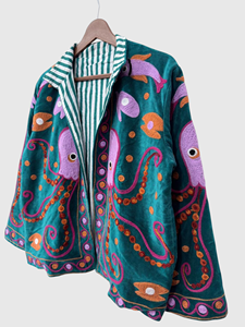 Blazer en velours brodé à la main motif pieuvre, manches longues, col rabattu, pour adulte, collection automne, veste à motif animalier - Product Image 3
