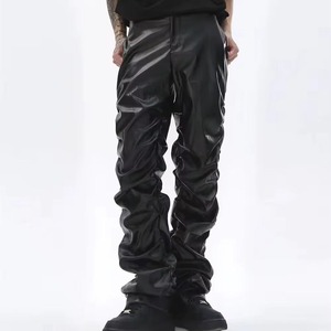 <b>Men's</b> <b>Black</b> Leather Coated Breathable Multi-Pocket Straight <b>Pants</b> High Waist Zipper Fly Casual Style Lightweight Knitted Fabric - Product Image 2