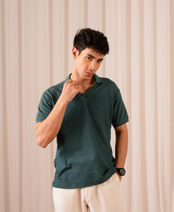 Polo de Algodón Verde para Hombre, Manga Corta, Corte Regular, Cuello en V, Color Sólido Informal, Tejido de Punto Transpirable - Product Image 5