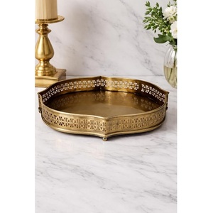 Luxury Design Round Gold Plated Decorative <b>Tray</b> With Geometric Pattern Bohemian Style <b>Mirror</b> Centerpiece - Product Image 2