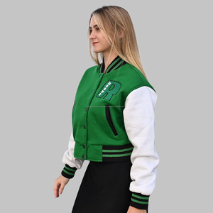 Chaqueta universitaria de alta calidad hecha en fábrica para mujer, forro polar de algodón con cuello verde levantado, chaqueta con letras verdes - Product Image 3
