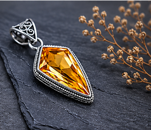 Natural Citrine Silver Pendant, Handmade Boho Gemstone <b>Necklace</b>, 925 Sterling Silver Citrine Jewelry, Vintage Style Statement Pe - Product Image 1